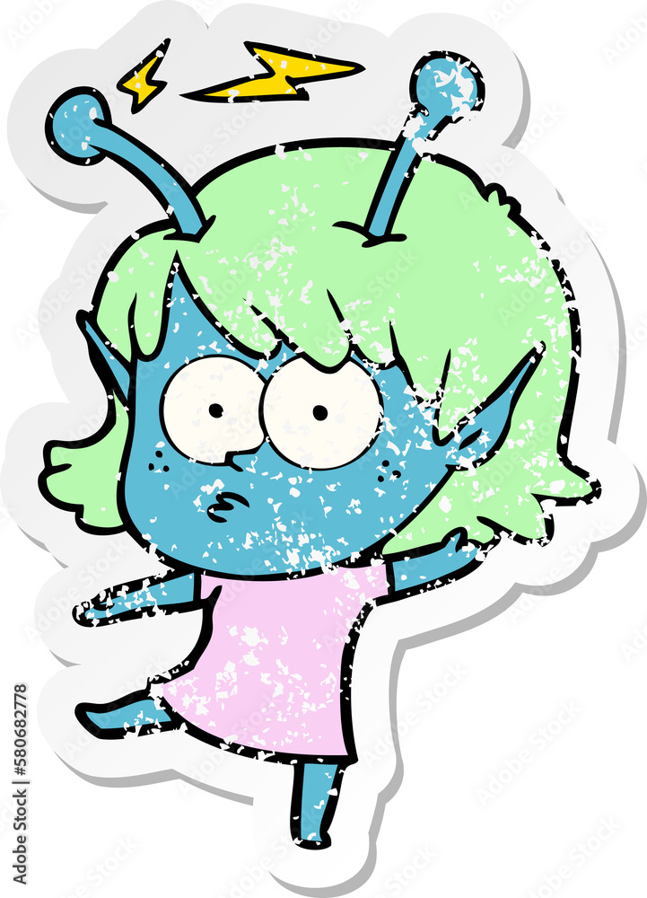 distressed sticker of a cartoon alien girl distressed sticker of a cartoon alien girl