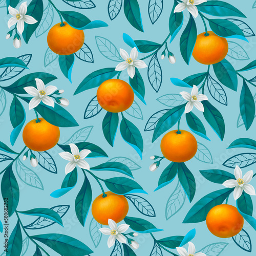Hand painted illustration of orange tree branch. Seamless pattern design. Perfect for fabrics, wallpapers, clothes, home textile, posters, packaging design, stationery and other goods