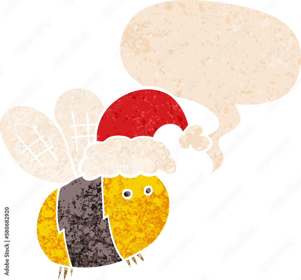 cute cartoon bee wearing christmas hat and speech bubble in retro textured style cute cartoon bee wearing christmas hat and speech bubble in retro textured style