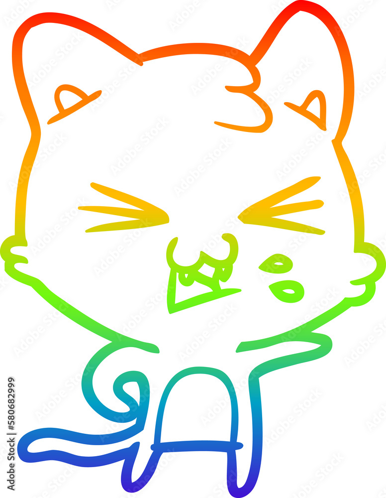 Fototapeta premium rainbow gradient line drawing cartoon cat hissing