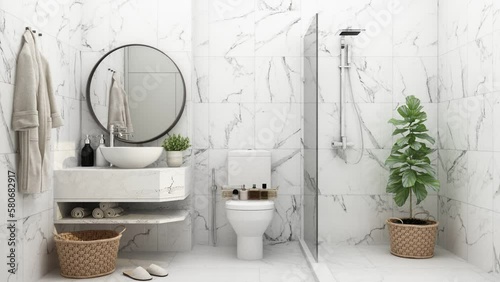 Build a model bathroom for material selection in interior design In deciding to choose tiles, wood, marble, with a variety of materials that gradually change. 3d rendering animation looping
