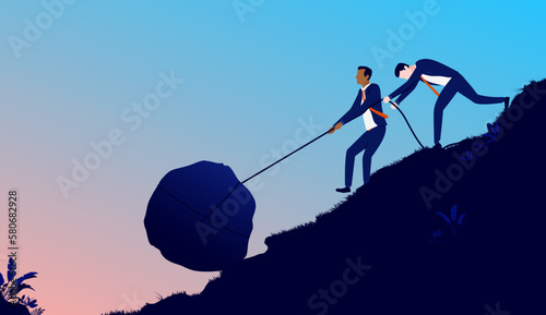 Hard work - Two businesspeople working on exhausting project trying to pull heavy rock up hill. Business challenge and determination concept. Flat design vector illustration with copy space
