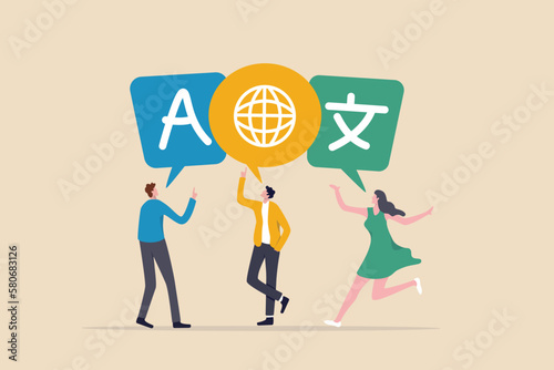 Language learning, translation or international communication, global or multilingual education, foreign diversity concept, young adult people talking with foreign international language symbol.