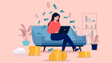 Woman making money online from home sitting in couch with laptop and working. Flat design vector illustration