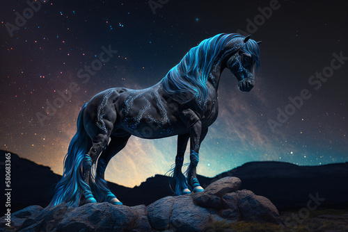 Animal Silhouette - Fantasy black mystical unicorn horse, on edge of the Surreal Night Landscape. Generative AI. © Dipto AI Art Hub