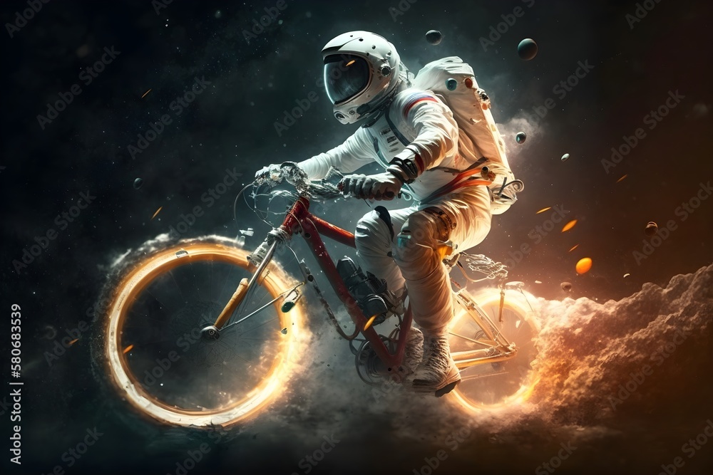 Astronaut rides a mountain bike on an alien planet, goes in for sports, the concept of travel and a healthy lifestyle, the idea of active pastime, uncharted space, Generative AI