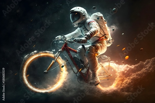 Astronaut rides a mountain bike on an alien planet, goes in for sports, the concept of travel and a healthy lifestyle, the idea of active pastime, uncharted space, Generative AI © Anupam