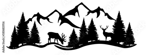 Black silhouette of deer mountains peaks and forest fir trees camping landscape panorama illustration icon vector for logo, isolated on white background