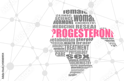 Illustration of a woman head textured by words. Progesterone relative tags or keywords cloud