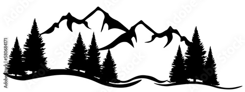 Black silhouette of mountains peaks  and fir trees camping landscape panorama illustration icon vector for logo, isolated on white background.....