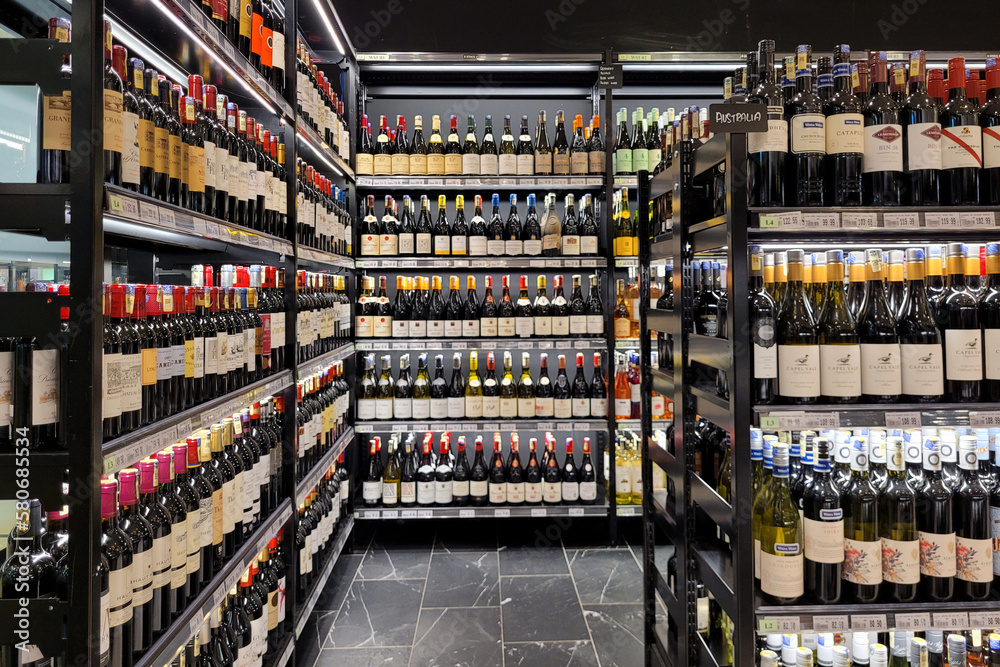 KUALA LUMPUR, MALAYSIA 12 MARCH 2023 An assortment of imported wine and hard liquor bottles