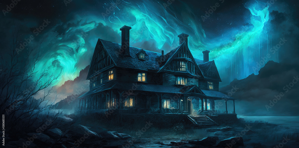 Haunted mansion on a hill, evil spiritual blue aurora emanating from house, dark scary halloween night, spooky window lights, dead tree silhouettes, foggy haze - generative AI.