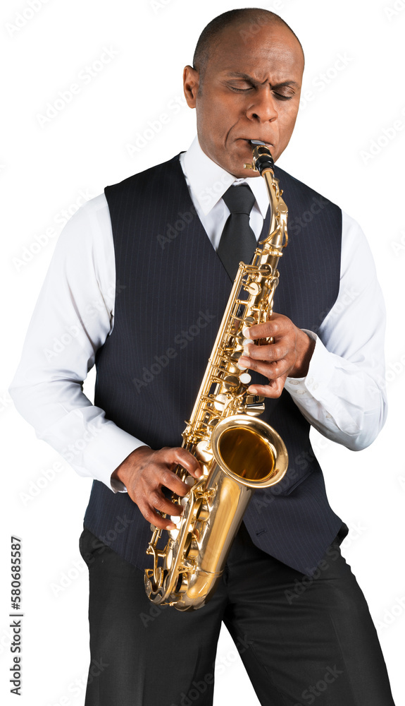 Naklejka premium Saxophonist. Man playing on the gold saxophone