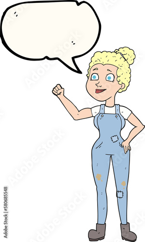 speech bubble cartoon woman in dungarees