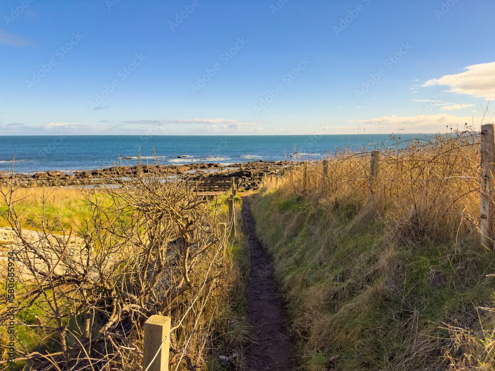 A narrow stone path between fields leading down to a rocky shore. A sunny day with bright blue sky.