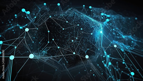 Abstract background with connecting dots and lines, dark shade of black or blue, futuristic data center or network hub. The overall effect is one of technology and innovation. Generative AI.