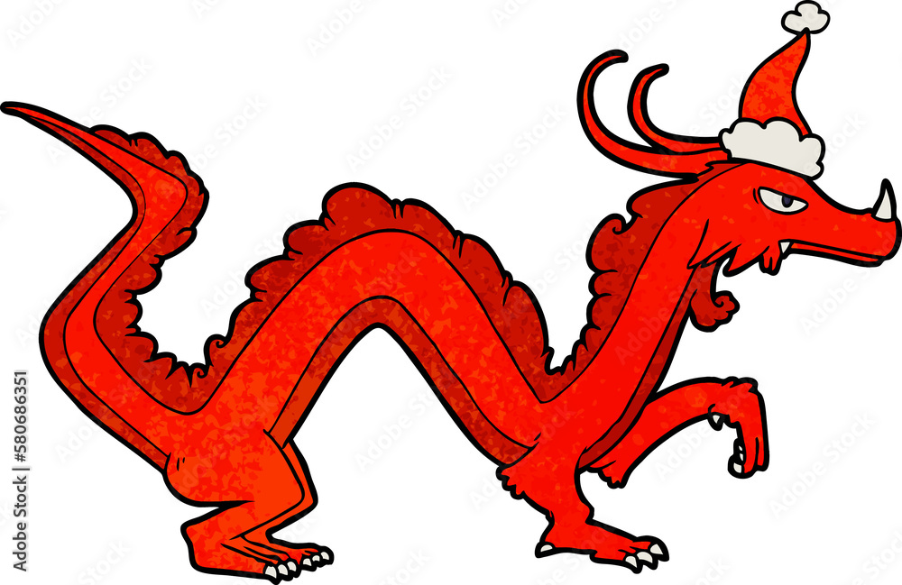textured cartoon of a dragon wearing santa hat