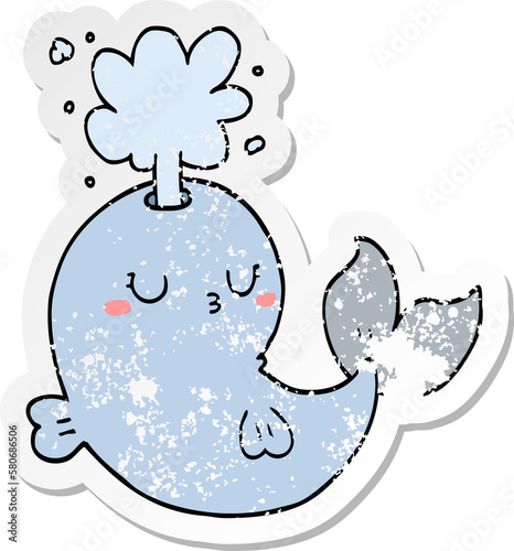 distressed sticker of a cartoon whale spouting water photo