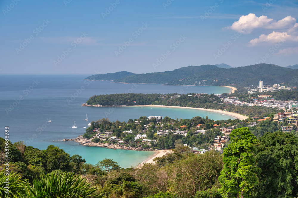 Tropical islands view with ocean blue sea water and white sand beach at Karon viewpoint, Phuket Thailand nature landscape
