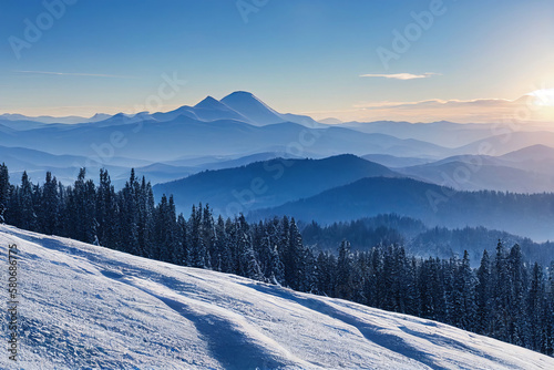 winter landscape with snow covered mountains and trees