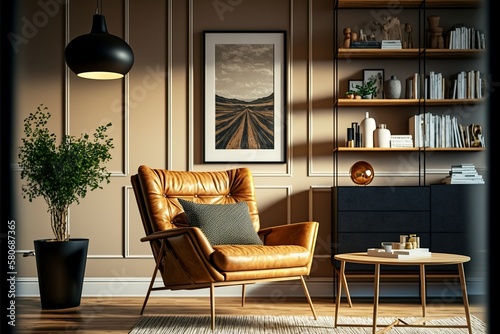 Make Your Living Room Stand Out with a Stylish Interior Showcasing a Modern Leather Armchair, Wide and Cross Angled, and a Chic Carpet Decor © Light & Lines