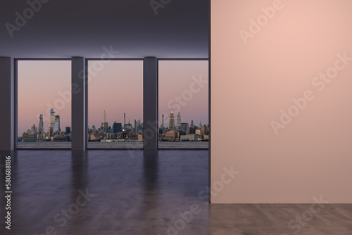 Midtown New York City Manhattan Skyline Buildings from High Rise Window. Expensive Real Estate. Empty room Interior with Mockup wall. Skyscrapers View Cityscape. Sunset. West side. 3d rendering.