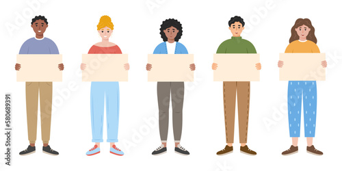 People holding blank boards. Man and women showing empty signs. Templates for information campaign, advertising or peace demonstration themes. Vector illustration on white background.