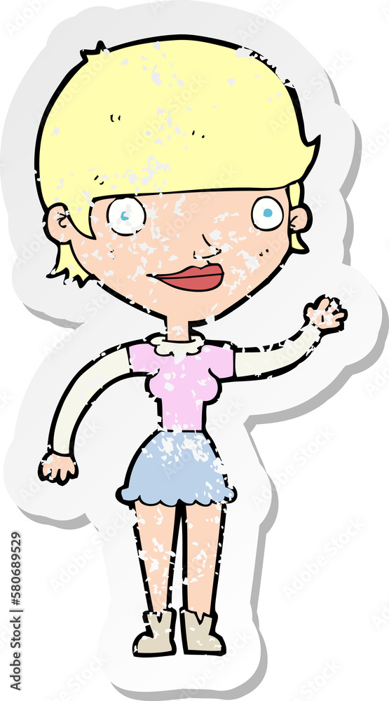 retro distressed sticker of a cartoon woman with idea retro distressed sticker of a cartoon woman with idea