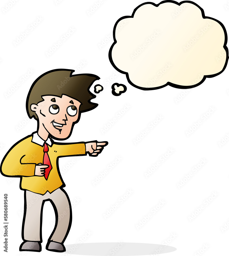 cartoon funny office man pointing with thought bubble
