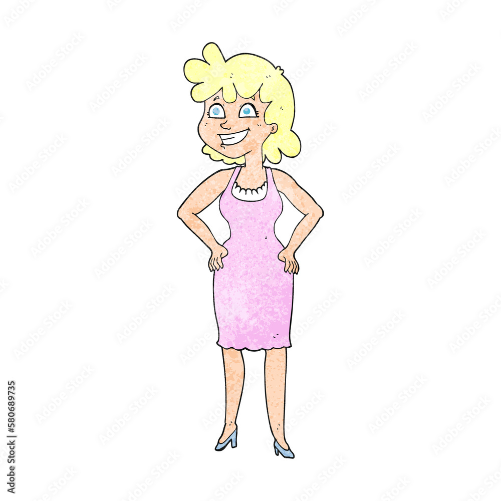 textured cartoon happy woman wearing dress textured cartoon happy woman wearing dress