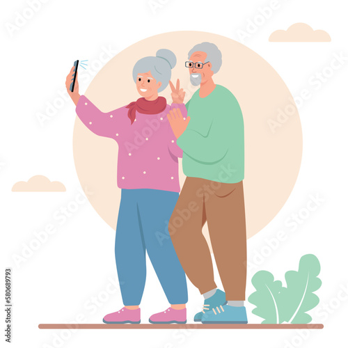 Couple of Elderly People using smartphone to take self-portrait. Senior smiling men and women taking selfie. Active grandparents traveling. Vector flat illustration isolated on white background.