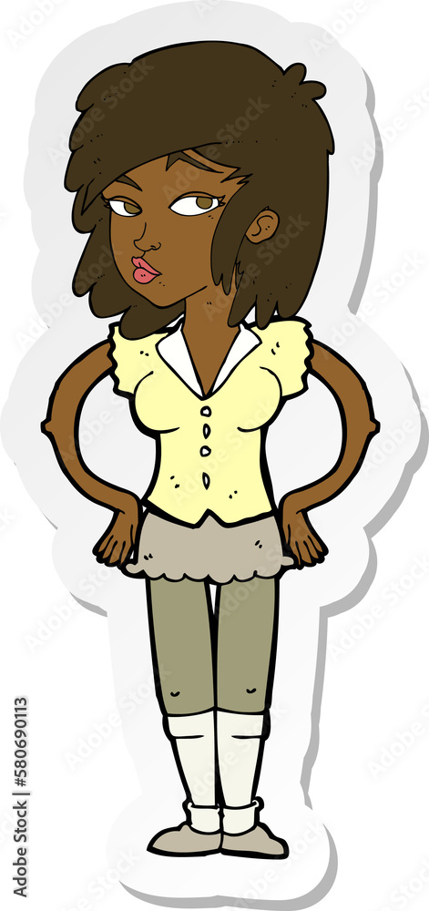 sticker of a cartoon pretty woman with hands on hips sticker of a cartoon pretty woman with hands on hips