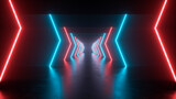 Neon curved lines in the form of arrows form a corridor with reflections in the floor, virtual reality - 3D Illustration