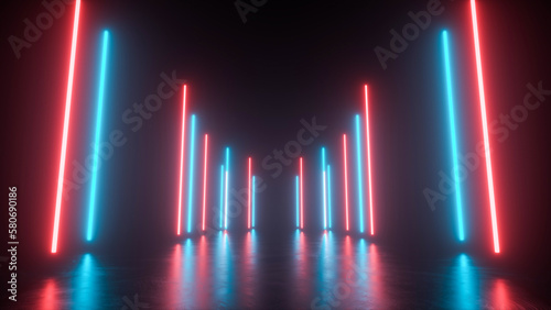 Neon lines of red and blue are abstractly framed in the air above the floor with reflections - 3D Rendering