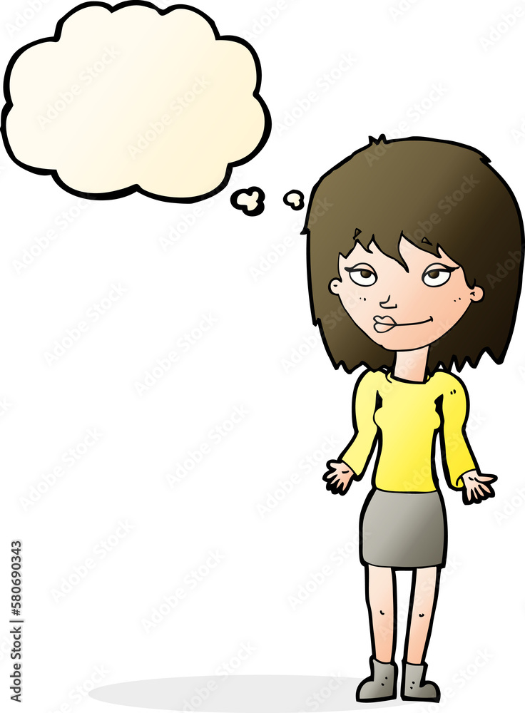 cartoon woman shrugging shoulders with thought bubble cartoon woman shrugging shoulders with thought bubble