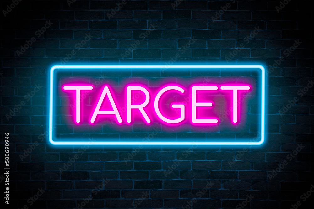 Target text neon banner on brick wall background.