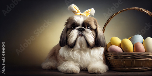 a Shih Tzu dog wearing easter bunny ears generated by AI photo