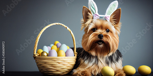 a yorkshire dog wearing easter bunny ears generated by AI