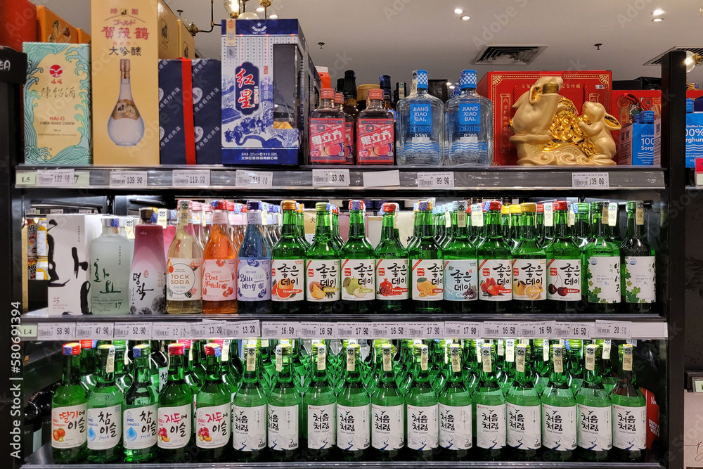 KUALA LUMPUR, MALAYSIA - 12 MARCH 2023: Assortment Korea soju and China ...