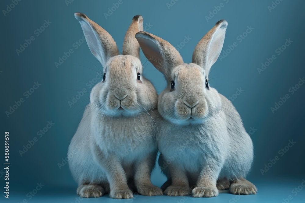 Two rabbits on a grey background looking in the background. Generative AI. 