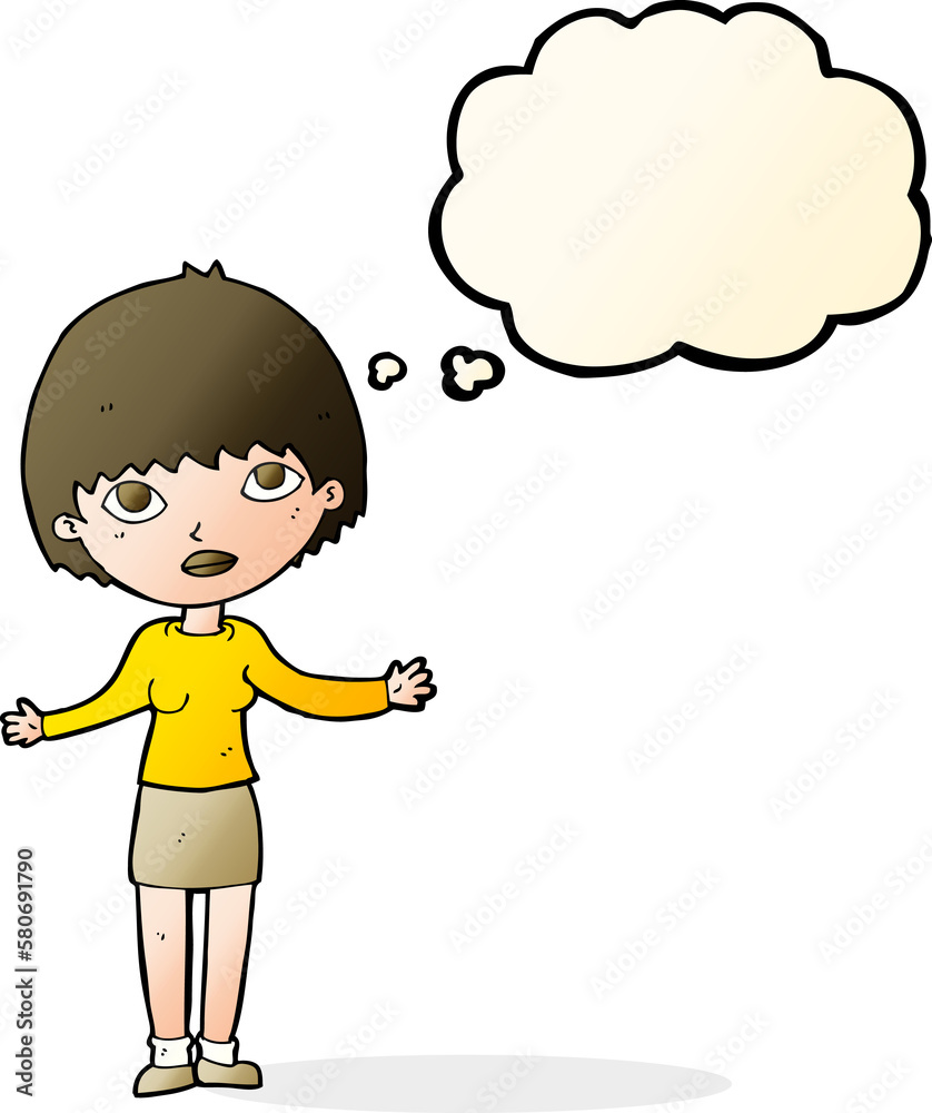 cartoon woman shrugging with thought bubble cartoon woman shrugging with thought bubble