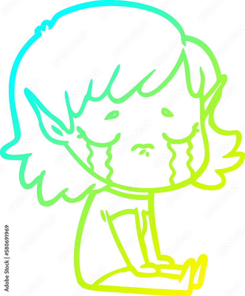 Fototapeta premium cold gradient line drawing cartoon crying elf girl