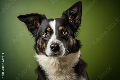 Studio shot of beautiful dog portrait on green background. Cute pet selective focus. Pet Lover concept . Pets indoors. Animals and pet care concept. Look at it from the front. dog studio . Generative © AkuAku