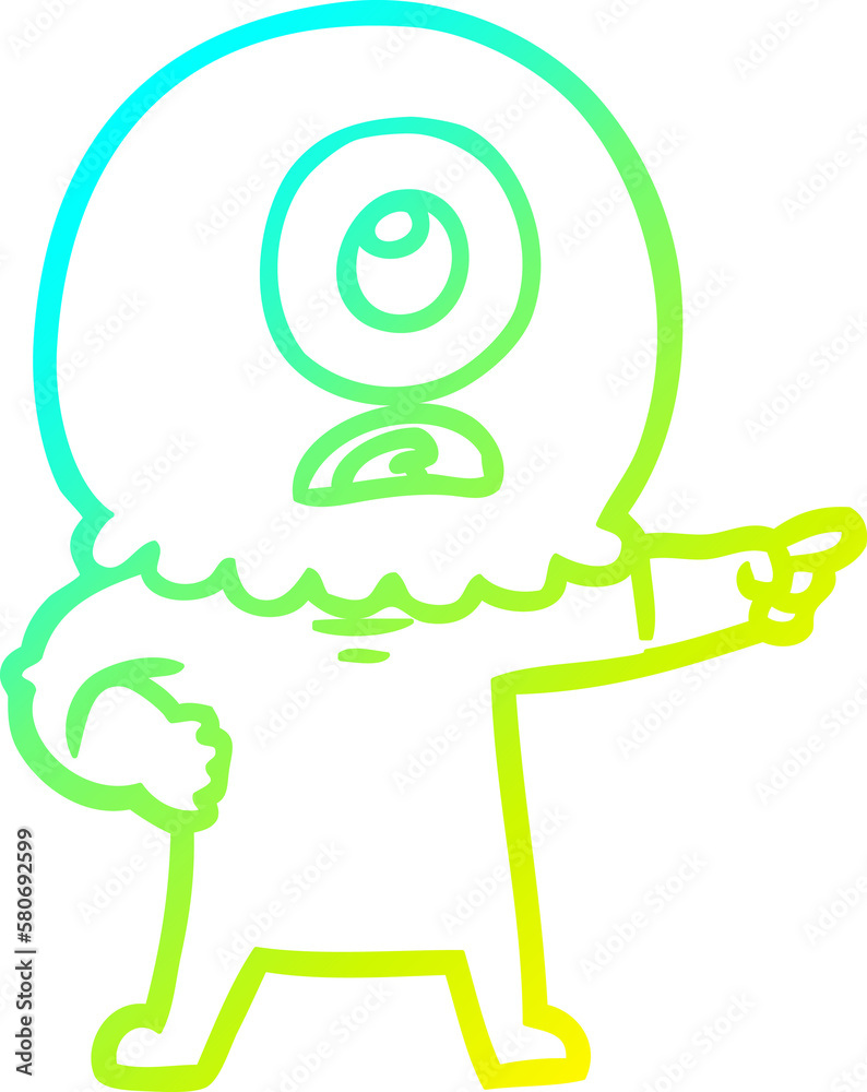 Fototapeta premium cold gradient line drawing cartoon cyclops alien spaceman pointing