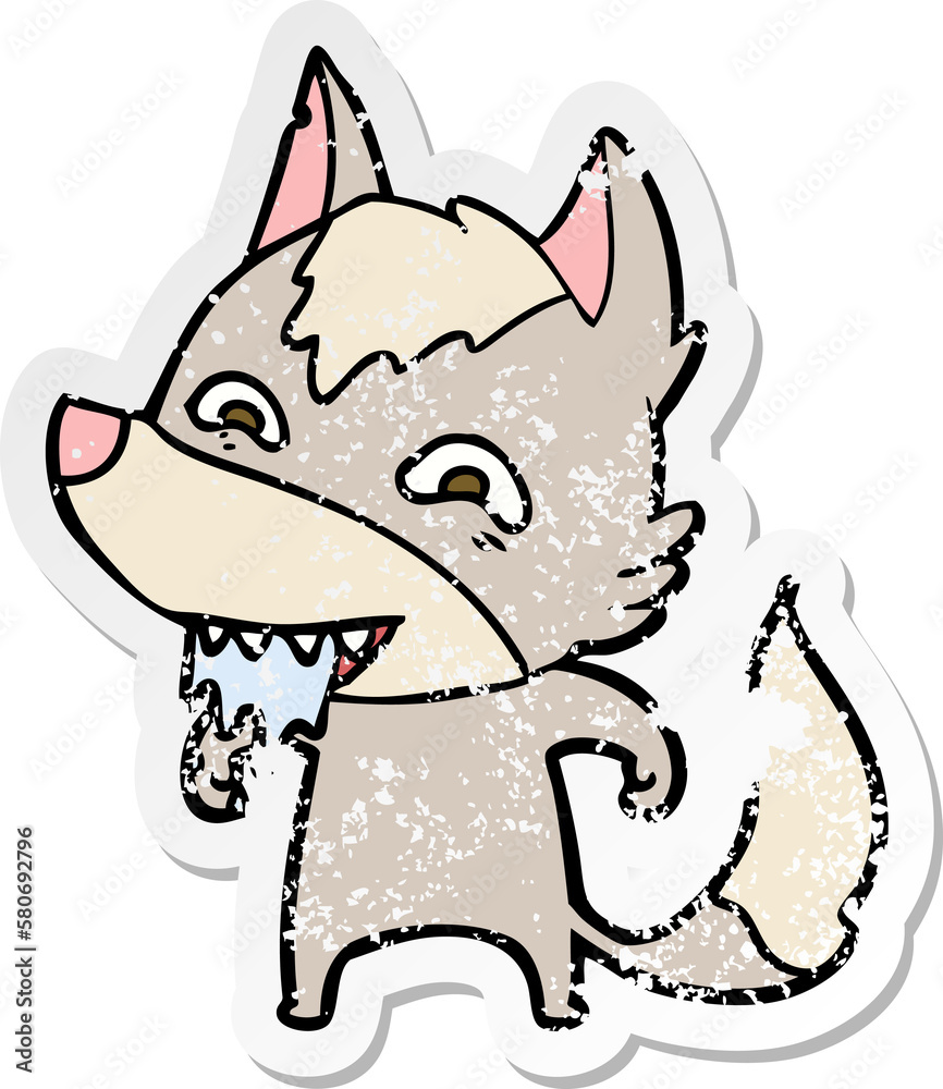 distressed sticker of a cartoon hungry wolf distressed sticker of a cartoon hungry wolf