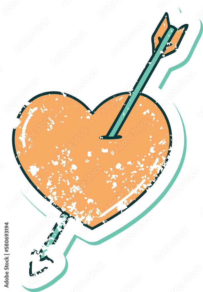 distressed sticker tattoo style icon of an arrow and heart