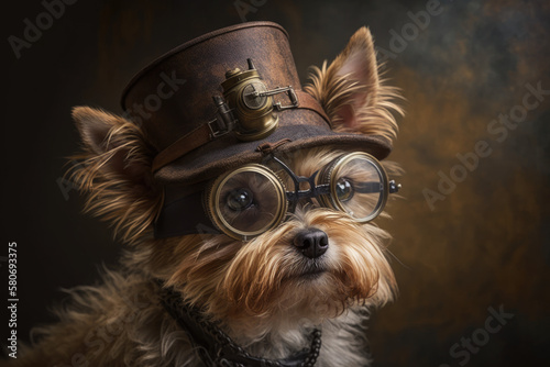 a dog with steampunk glasses on his head, generative AI