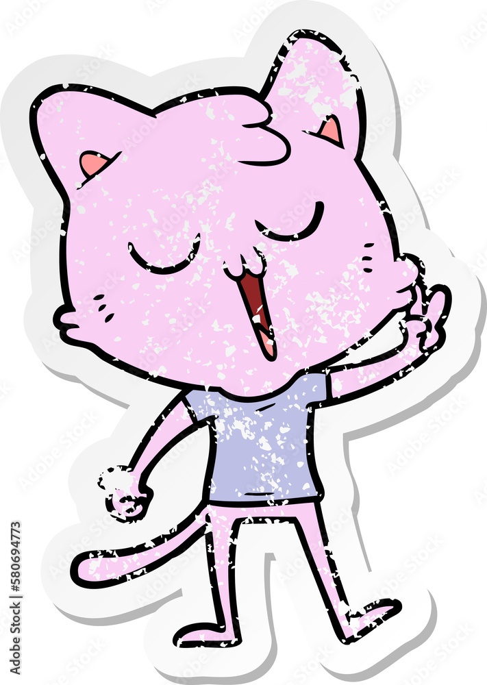 distressed sticker of a cartoon cat singing distressed sticker of a cartoon cat singing