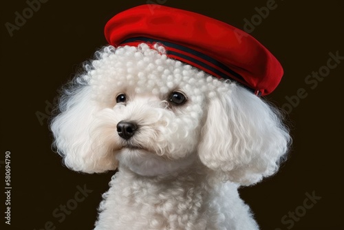 A classic piece of art that shows a dog. A small white Poodle wearing a beret against a red background. Generative AI