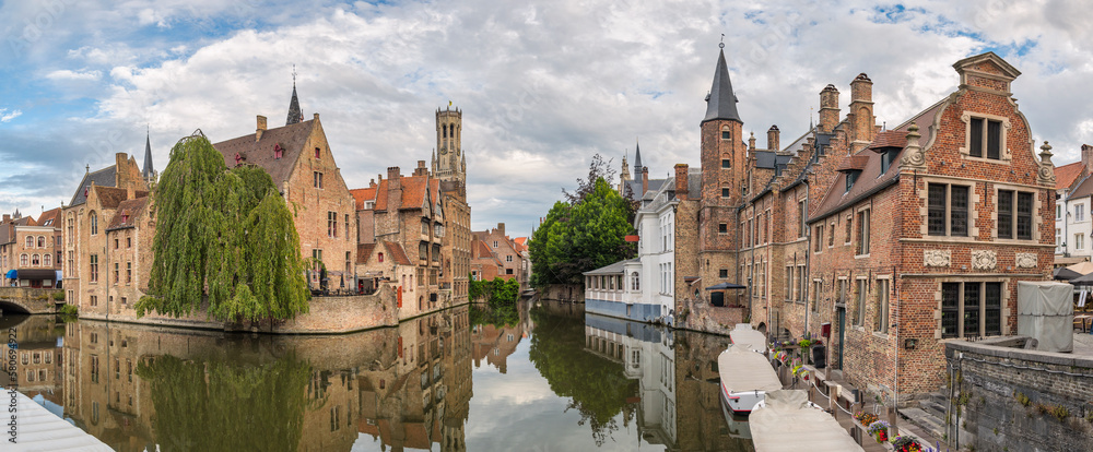 Bruges Belgium, panorama city skyline at Rozenhoedkaai Dijver Canal with Belfry Tower